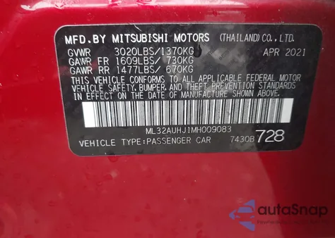 2021 Mitsubishi Mirage Carbonite Edition/Es/Le from USA, damaged, VIN ML32AUHJ1MH009083
